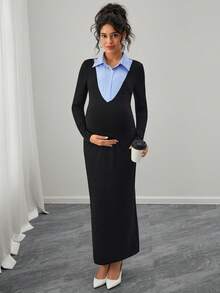 SHEIN Abito da donna in stile maternità, a maniche lunghe, con colletto, a righe, aderente e di stile - nero - Visualizzare 4