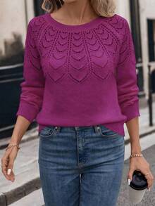 Chiquease Women Solid Color Crew Neck Long Sleeve Casual Blouse For New Year Clothes Purple Hot Pink - Bold Plum - View 4