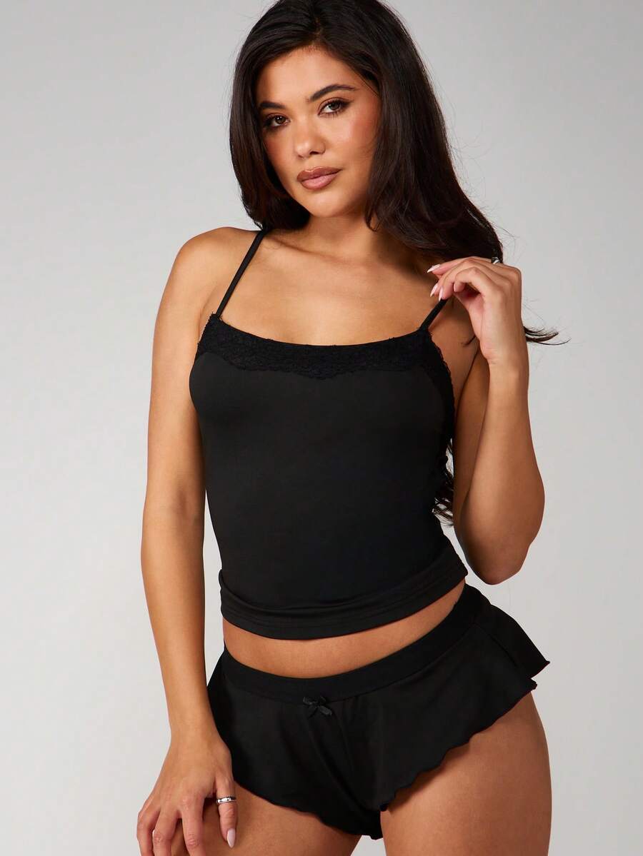 MISSGUIDED Lace Trim Cami Top Ruffle Shorts Two Piece Pajama Set Sleepwear Loungewear Black Intimate Lingerie Style Sleeveless Tank Camisole - Black - View 1