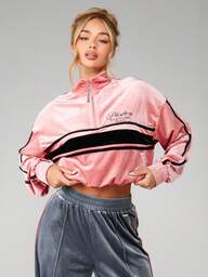 Missguided x Playboy Velour Half Zip Pullover Sweatshirt With Chest Logo And Striped Detailing Oversized Long Sleeve Top For Casual Loungewear