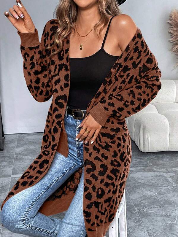 EMERY ROSE Leopard Print Long Sleeve Loose Fashionable Versatile Long Cardigan Sweater