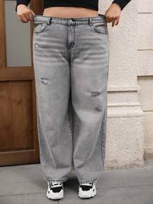 Enliva Jeans boyfriend déchiré gris droit grande taille décontracté - Gris - Voir 4