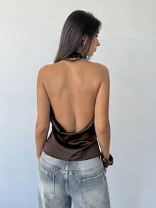 Aloruh 女士性感交叉缎面深咖啡色吊带背心，优雅女士上衣，女士外出上衣，女士派对上衣，新年装 - 咖啡棕 - 查看 3