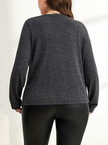 SHEIN LUNE 大码女式感恩节秋冬休闲百搭灰色开领外套，适合身材丰满的女士；秋冬圣诞节女式手帕下摆开襟外套；秋冬新年女式柔软舒适保暖深灰色羊毛大衣。 - 灰色 - 查看 2