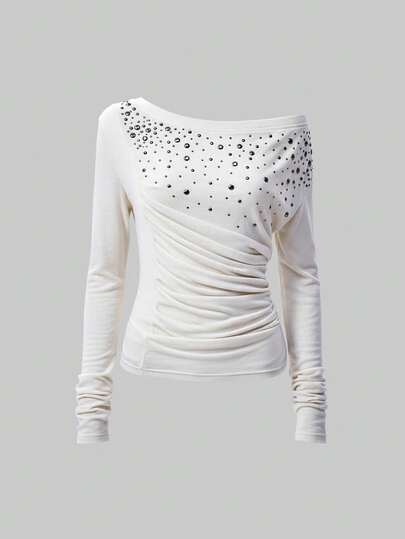 Grunge Punk Women's Kpop Grunge Metal Rivet Asymmetric Ruched Fitted Fashion T-Shirt