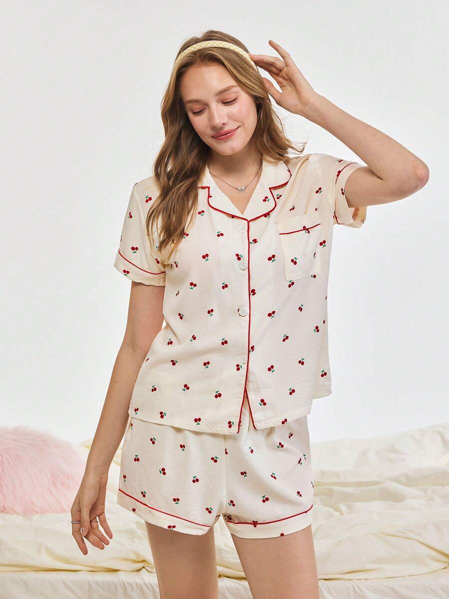 Bonmuse Cherry Printed Sweet Sleepwear Set With Lapel Button Up Top And Bowknot Shorts For Womenfor Summer - Apricot - View 1
