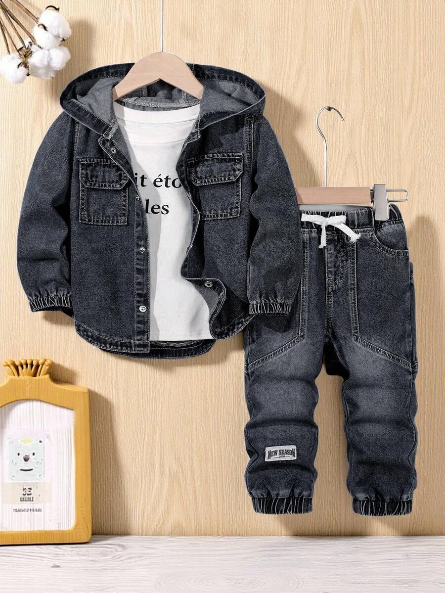 2 pièces Ensemble veste à capuche en jean lavé + pantalon en jean à taille élastique pour jeune garçon, printemps/automne. Tenue en jean décontractée pour enfants, douce et confortable pour l'école, les vacances, l'extérieur - Noir - View 1