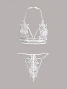 SHEIN 貼花鏤空吊脖內衣套裝 - 白色 - 查看 8