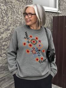 Vivie Lora Women's Embroidered Loose Gray Sweater - Grey - View 4