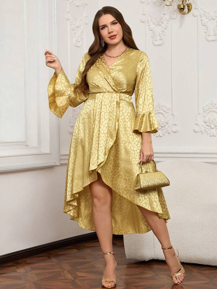Plus Size Leopard Print V-Neck 3/4 Sleeve Elegant Wrap Dress Winter Outfit For Women Christmas Outfit For Women New Year Clothes Elegant Party Dresses Leopard Print DressesValentine's Day, Mother Clothing, Comfortable And Casual  Yellow Dress Spring Break Outfits  Holiday Outfits For Women