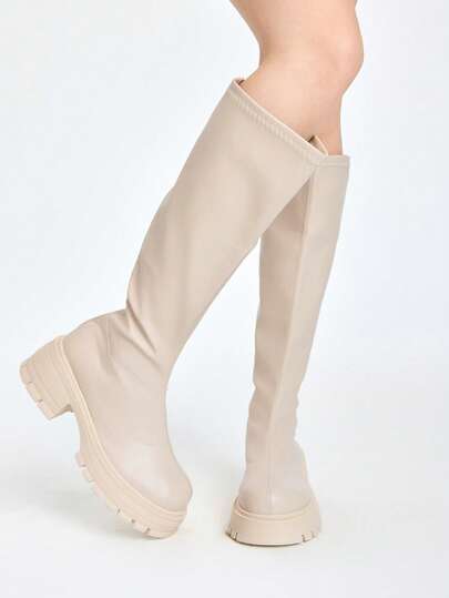 ROMWE Grunge Punk 2025新款女士制服靴，圆头粗跟中筒靴，后拉链设计，防水厚底，米色，四季皆宜，时尚女士高筒靴，尺码偏小，建议选购大一码。