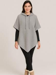 Capa peluche graba¡da trencita bonita hermosa mañanita Poncho Capa larga asimétrica informal para mujer con capucha y cordón ajustable de moda para mujer - Gris - Ver 2