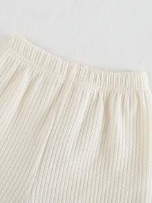 SHEIN 2件套女婴时尚扭结条纹花卉设计舒适面料休闲可爱短袖裤套装，夏季 - 杏色 - 查看 7