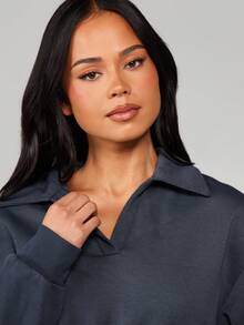 MISSGUIDED Navy Cinched Waist Collared Long Sleeve Sweatshirt With Ribbed Hem And Cuffs For Fall Winter Casual Wear - Navy Blue - View 5