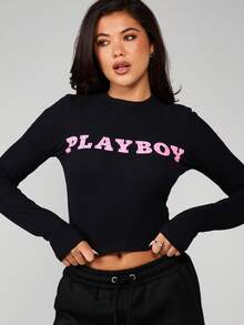 Missguided x Playboy 水洗水钻长袖圆领露脐上衣，饰有闪亮印花细节，适合秋冬休闲穿着。 - 黑色 - 查看 5