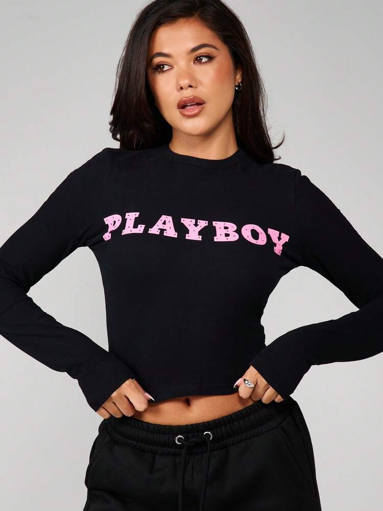 Missguided x Playboy Washed Diamante Long Sleeve Crew Neck Crop Top With Sparkle Print Details Fall Winter Casual