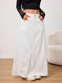 SHEIN PETITE 女士纯白色休闲通勤风百搭时尚舒适斜插口袋A字超长牛仔裙，秋冬季