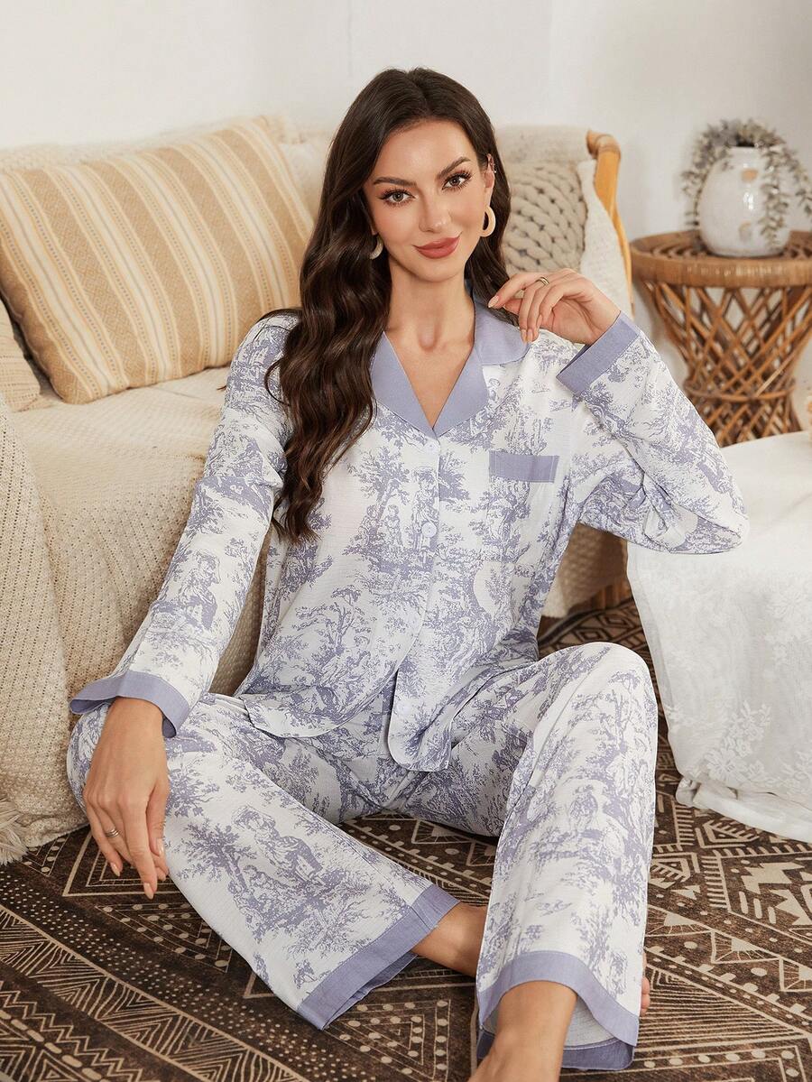 Serenescape Women's Long Sleeve Bubble Print Lapel Pajama Set - Mauve Purple - View 1