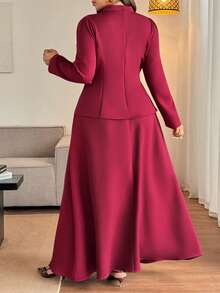 Vionelle Conjunto de blusa de manga comprida e saia maxi feminina plus size para primavera/outono/inverno, com inspiração francesa romântica siciliana, elegante e casual, ideal para o trabalho, férias, chá da tarde, Natal e festas de luxo. Possui gola mandarim, carcela falsa, botões de pérola, laço na cintura, barra evasê e modelagem acinturada. - Borgonha - Ver 2