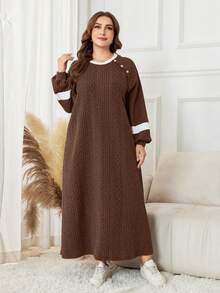Lacomfia Plus Size Color Block Long Sleeve Casual Knit Hoodie - Brown - View 5