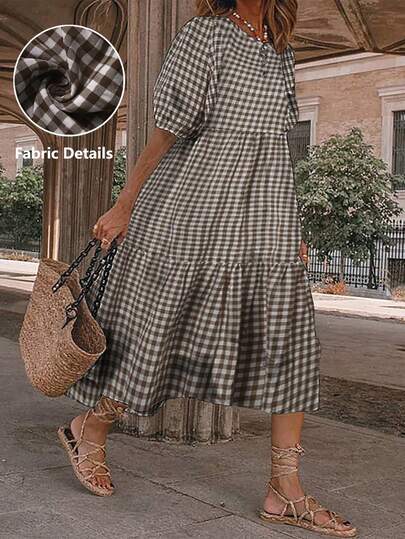 Breezaya Women Fashion Plaid Round Neck Short Sleeve Puff Sleeve Ruffle Trim Elegant Dress Maxi Vacation Beach Outfit