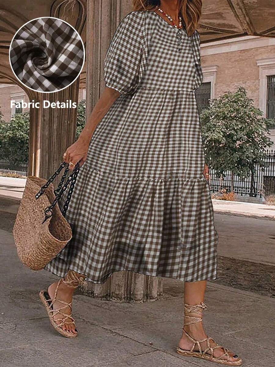 Breezaya 女士时尚格子圆领短袖泡泡袖荷叶边优雅连衣裙长款度假沙滩装 - 彩色 - 查看 1