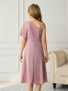 Rochie elegantă de petrecere cu un umăr, în culoare solidă, pentru fete preadolescente