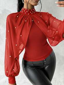 INAWLY Áo thun nữ tay dài chất liệu chiffon, ôm dáng, cổ đính cườm, thanh lịch. - Đỏ - Xem 4
