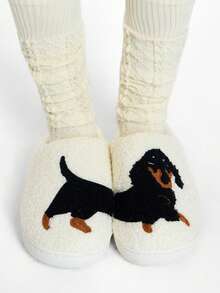 ROMWE Kawaii Pluszowe, haftowane jamniki, grube podeszwy, futrzane kapcie w kratkę, antypoślizgowe, ciepłe, damskie kapcie domowe z kreskówkowym psem, na Halloween - Czarne i Białe - Zobacz 1