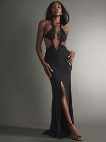 Hauture Sexy Party Night Out Front Ring Detail Twisted High Slit Cocktail Maxi Dress - Black - View 1