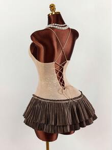 Amplova 女士撞色迷你连衣裙，性感、前卫、简约、复古A字百褶裙，性感复古风 - 棕色 - 查看 1