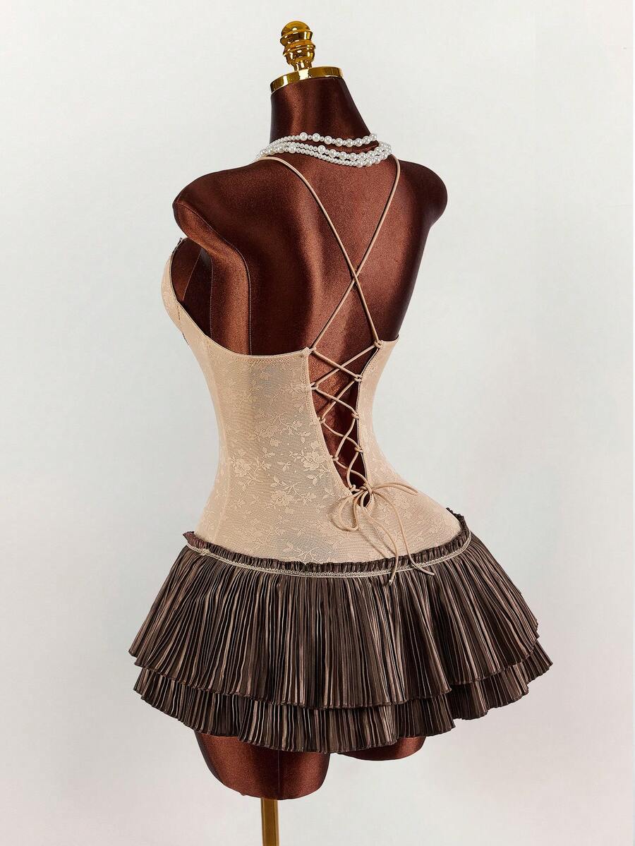 Amplova 女士撞色迷你连衣裙，性感、前卫、简约、复古A字百褶裙，性感复古风 - 棕色 - 查看 1