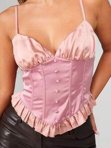 MISSGUIDED Áo hai dây cài nút satin viền bèo nhún phía trước có chi tiết xếp nếp và cổ áo hình trái tim cho những buổi tối mùa hè - Nhiều màu - Xem 4