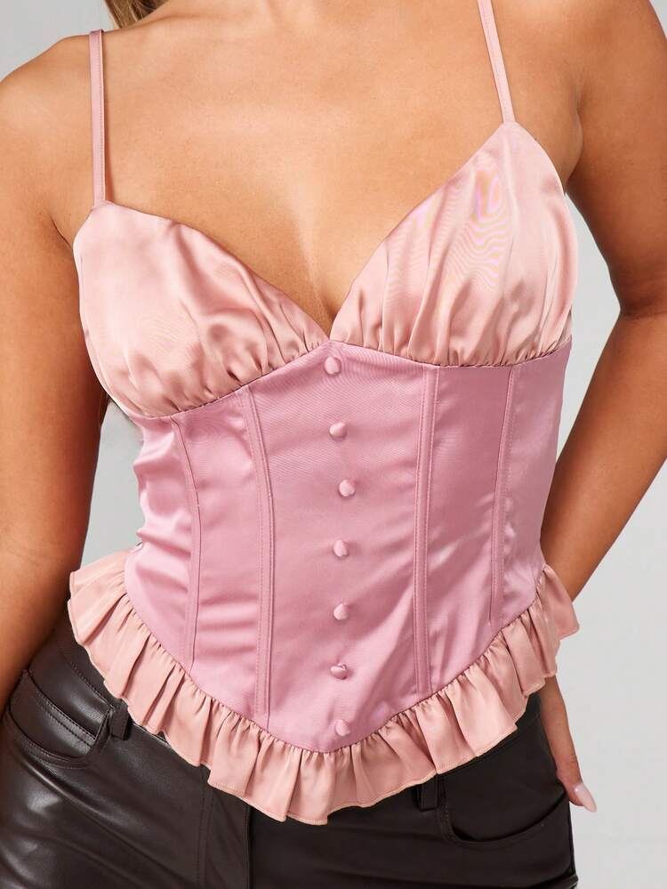 MISSGUIDED Satin Button Front Frill Hem Camisole Top With Ruffle Detail And Sweetheart Neckline For Summer Evening Occasions