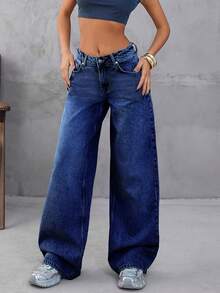 SHEIN Cottnline Low Waist Push Up Loose Casual Straight Leg Jean - Dark Wash - View 6