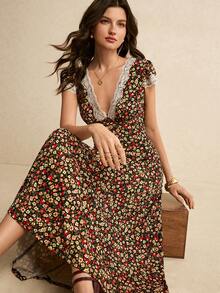 Poéselle 女士碎花撞色蕾丝深V领中长连衣裙，度假风 - 彩色 - 查看 1