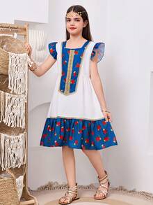 رمضان فستان فضفاض كاجوال للفتيات المراهقات بياقة مستديرة وأكمام قصيرة، مزين بشريط ذهبي وألوان متباينة - الأزرق - مشاهدة 4