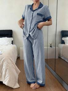 SHEIN Bubble Crinkle Patchwork Short Sleeve & Pants Women Pajama Set - 藍白色 - 查看 3