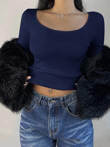 SHEIN BASICS Women's Casual Solid Color Knit Scoop Neck Long Sleeve Slim Fit T-Shirt, Upgraded Thermal Fabric, Thermal Lined Without Bulkiness, Slim Fitted Stretch Undershirt Tee Blouse For Fall And Winter Dark Blue Top Navy Blue Tops Basic Top - Navy Blue - View 6