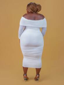 CurvyTilda Plus Size Women's Solid Color Off-Shoulder Long Sleeve Pleated Fitted Elegant Dress, Spring-Summer Homecoming Dress, For Hourglass Body Shape - White - View 2