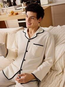 CoupledUp 男士撞色滚边泡泡纹理长袖家居服套装，冬季服装 - 杏色 - 查看 2