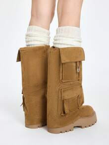 ROMWE Grunge Punk Bốt cổ ngắn hai túi kaki trang trí chữ U mới cho nữ, phù hợp với phong cách thời trang đường phố, bốt đế dày chống trượt, phong cách Punk phương Tây có khóa và khóa kéo bên hông, trang phục thường ngày - Màu Khaki - Xem 6