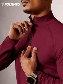 Acti Log 男士红色长袖立领运动 T 恤，采用弹性针织面料，长袖健身上衣，男士压缩上衣，氨纶衬衫，男士健身衬衫，紧身健身衬衫 - 紅色 - 查看 7