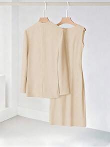 Franclia Elegant High-End Suit Jacket And Round Neck Beaded Sleeveless Dress 2 Pieces Set - Khaki - View 2