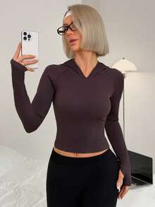 Easithlete Moletom feminino casual de manga comprida com capuz, sem costas e cor sólida - Vermelho Acastanhado - Ver 5
