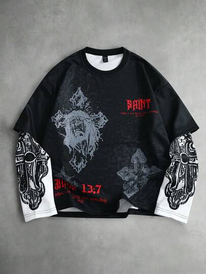 Street Life Felpa da uomo, maglietta a maniche lunghe con collo rotondo 2 in 1, design di stampa religiosa unica, adatta per uscite ed esposizioni