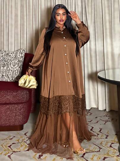 Maweii Plus Size Women Casual Vacation Daily Cardigan With Button, Ruffle Hem & Mesh Patchwork, Loose & Comfortable A-Line Dress