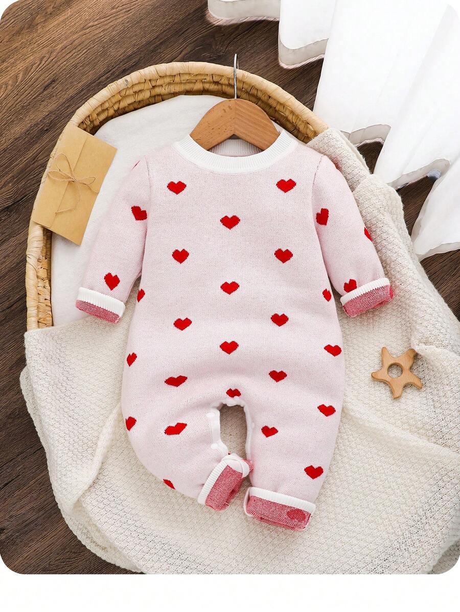 SHEIN Newborn Baby Girl Cute Heart Pattern Knitted Long Sleeve Romper, Autumn/Winter - White - View 1
