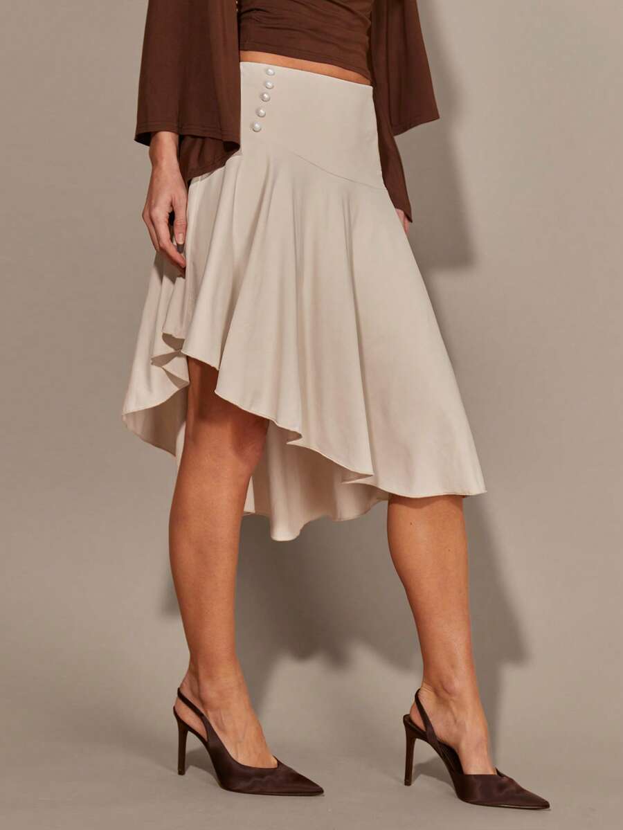 COSMINA Chân váy xòe bất đối xứng thanh lịch dành cho nữ, đa năng cho các buổi hẹn hò, đi làm, mọi mùa - Màu be - Xem 1
