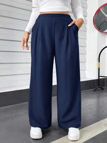 Auralis Plus Size Women's And Casual Comfortable Loose Elastic Waist Gray Basic Wide-Leg Pants, Women Clothes,Homecoming,Old Money,Going Out Bottoms,Curv Pants,Women Outfits, Pants Spring - Royal Blue - View 3